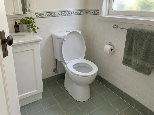 Clean white toilet in a tiled bathroom with sink, towel rail and green floor tiles in Maroubra