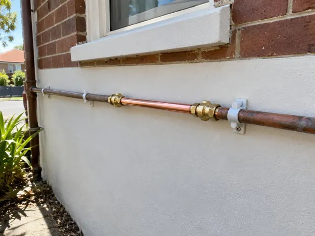 Exterior copper water pipe repaired along a brick and rendered house wall in Malabar